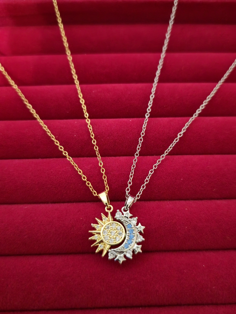 14K Gold Plated Sun & Silver Plated Crescent Moon Magnetic Couple Necklace 2pc